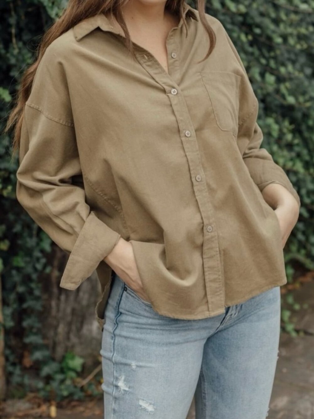 Neuflora Button Up Corduroy Shirt Cotton Long Sleeve Loose Fit Side Slits Size S